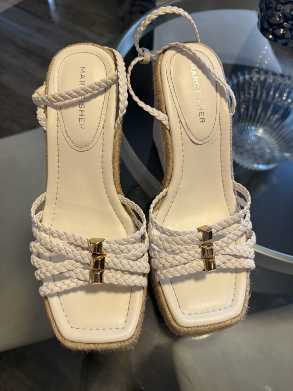 Marc Fisher Cream Braided Strap Sandals with Gold Accents